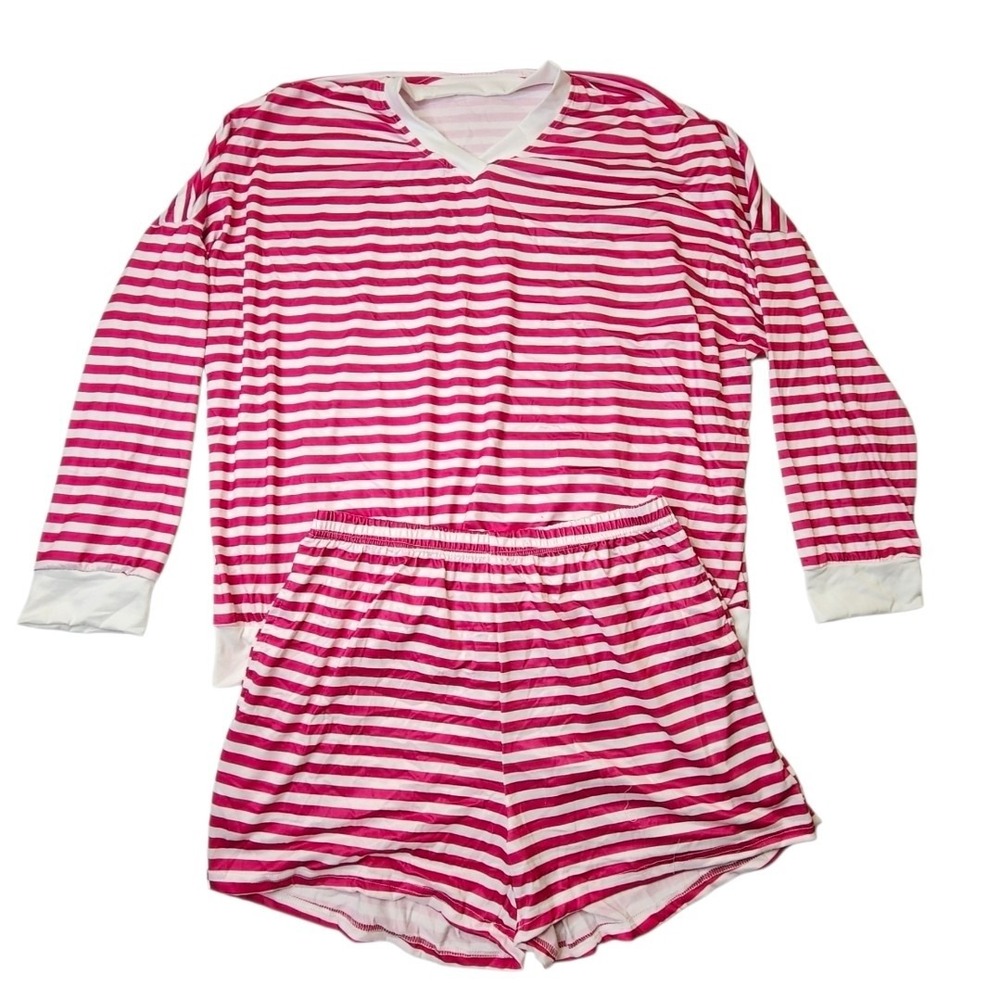 Women Classic Striped Shirt V-neck Long Sleeve with Shorts Rouge Size XL